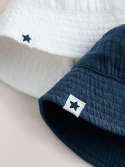 Next Baby Bucket Hats 2 Pack (0mths-2yrs) White and Blue Woven Clearance