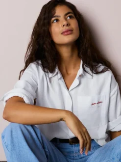 Next Casual Long Sleeve Cropped Shirt with Pocket Embroidery White Hot