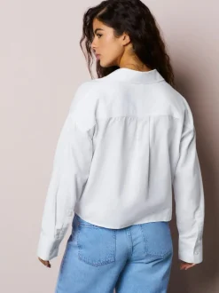 Next Casual Long Sleeve Cropped Shirt with Pocket Embroidery White Hot