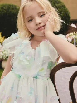 Next White 3D Flower Ruffle Mesh Occasion Dress (3-16yrs) Hot
