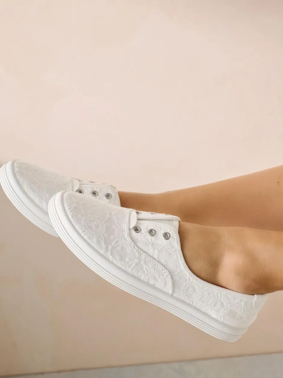 Next Embroidered Laceless Canvas Slip On Trainers White