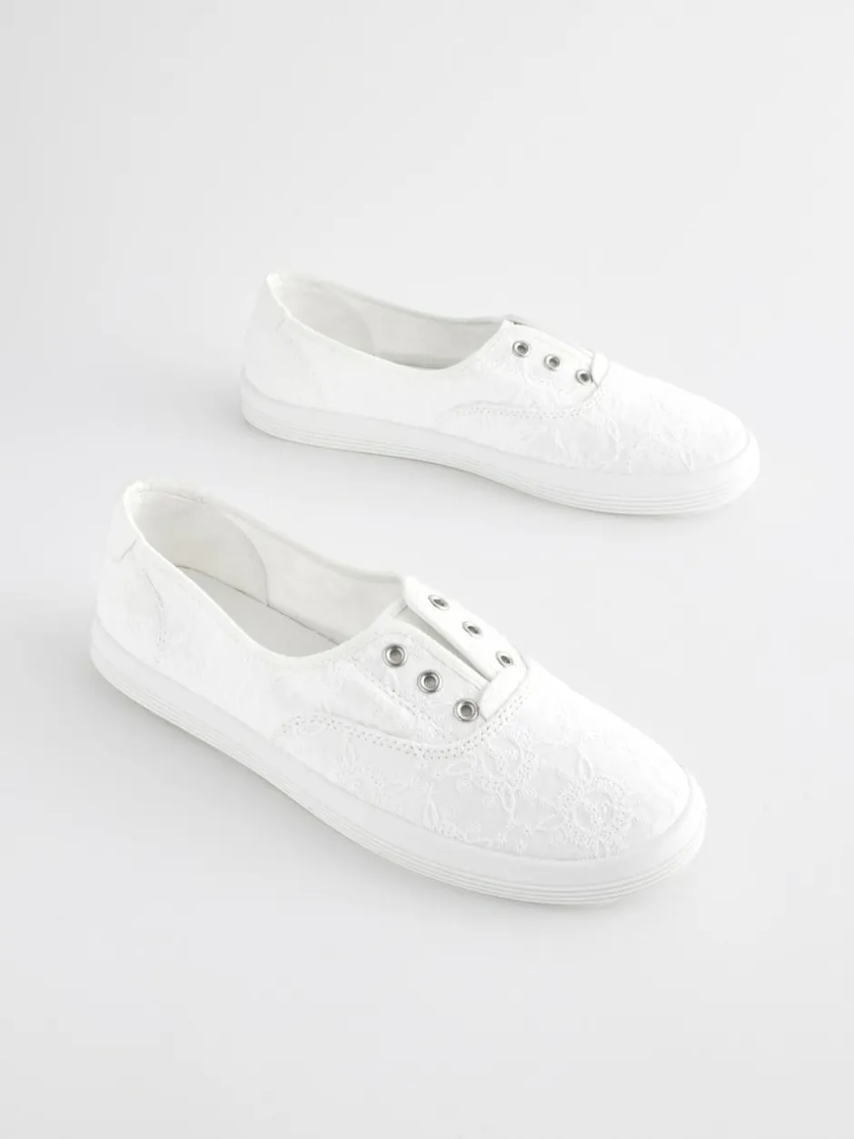 Next Embroidered Laceless Canvas Slip On Trainers White