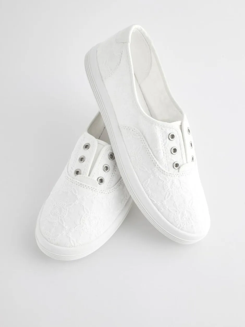 Next Embroidered Laceless Canvas Slip On Trainers White