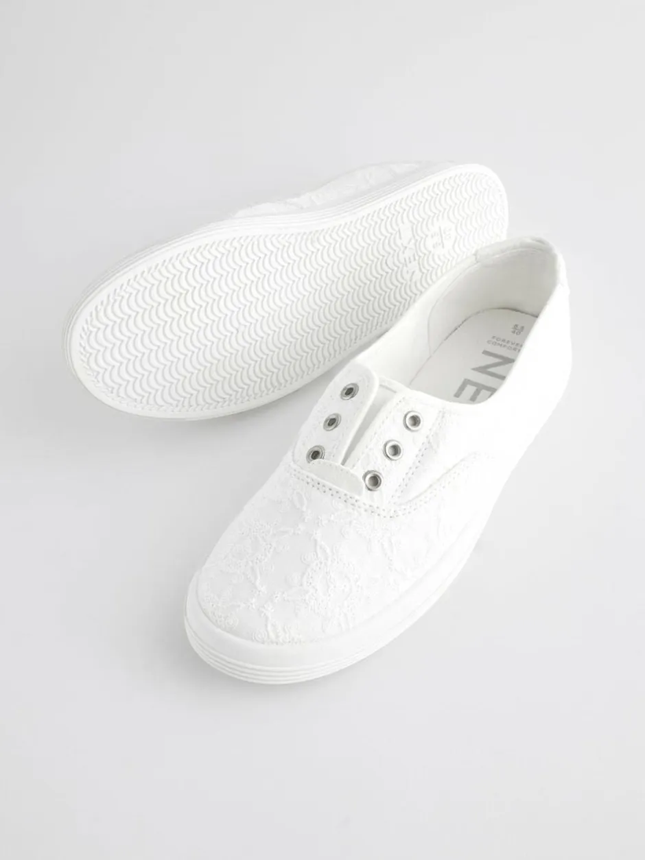 Next Embroidered Laceless Canvas Slip On Trainers White