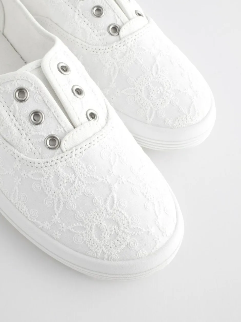 Next Embroidered Laceless Canvas Slip On Trainers White