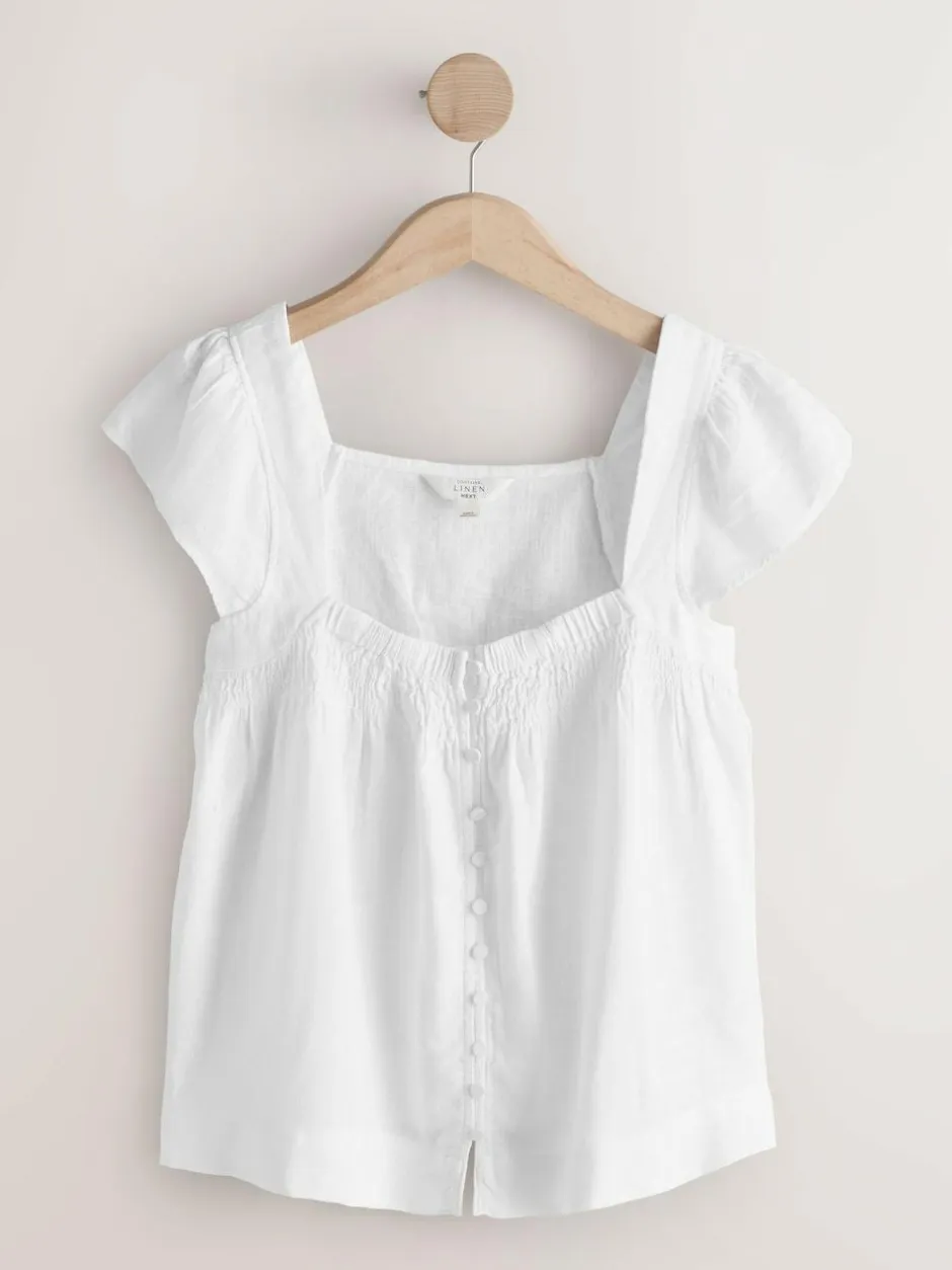 Next Flutter Sleeve Button Front Top With Linen White Outlet