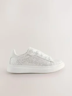 Next Lace Up Trainers White Glitter New