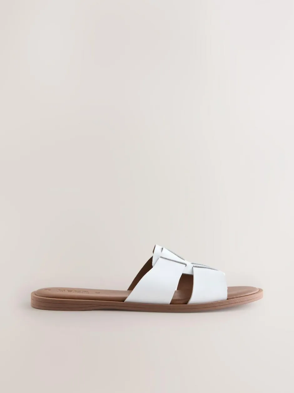 Next White Leather Standard/Wide Fit Slot Mule Sandals