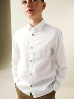 Next White Long Sleeve Relaxed Linen Blend Shirt (3-16yrs) Best