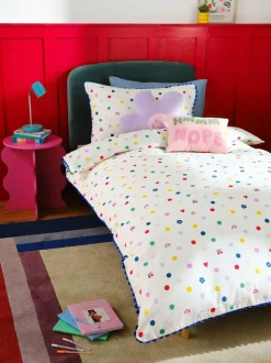 Next Duvet Cover and Pillowcase Set White Multi Spot Super Soft Brushed Cotton Clearance