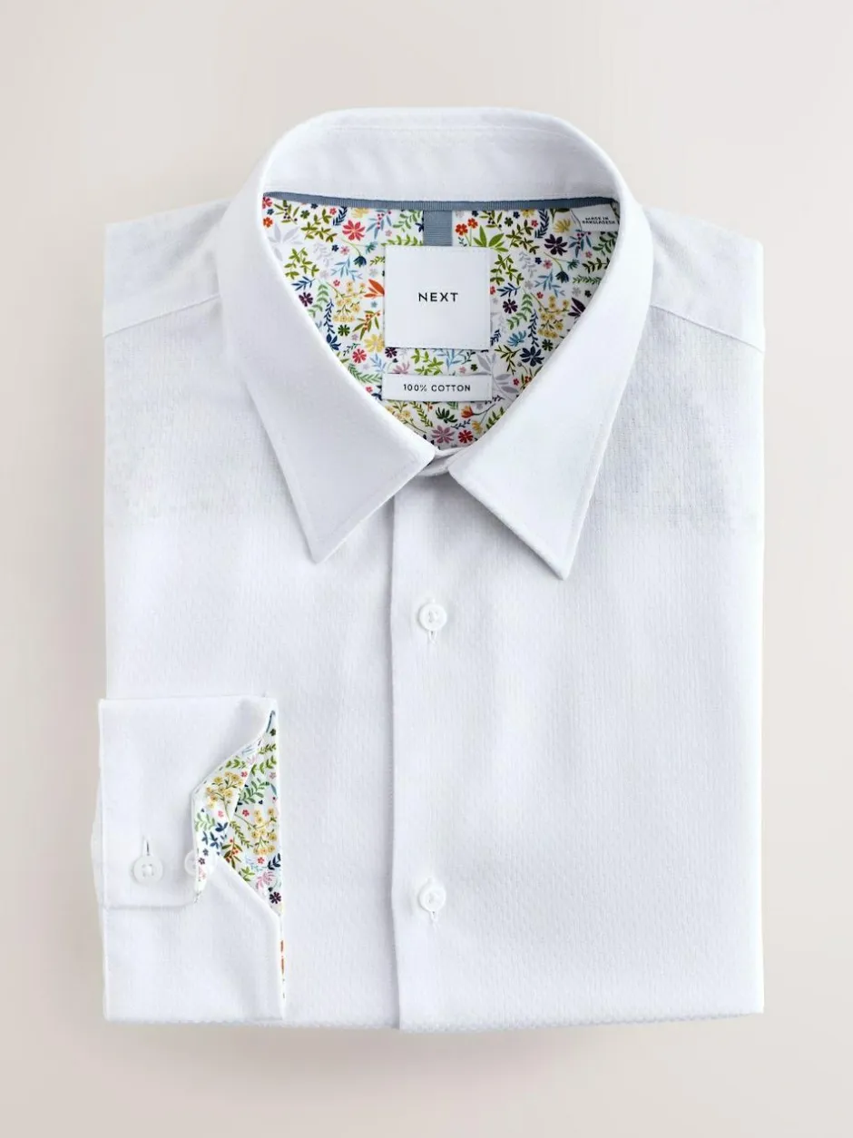 Next Regular Fit Textured Long Sleeve Formal Shirt with Trim White Clearance
