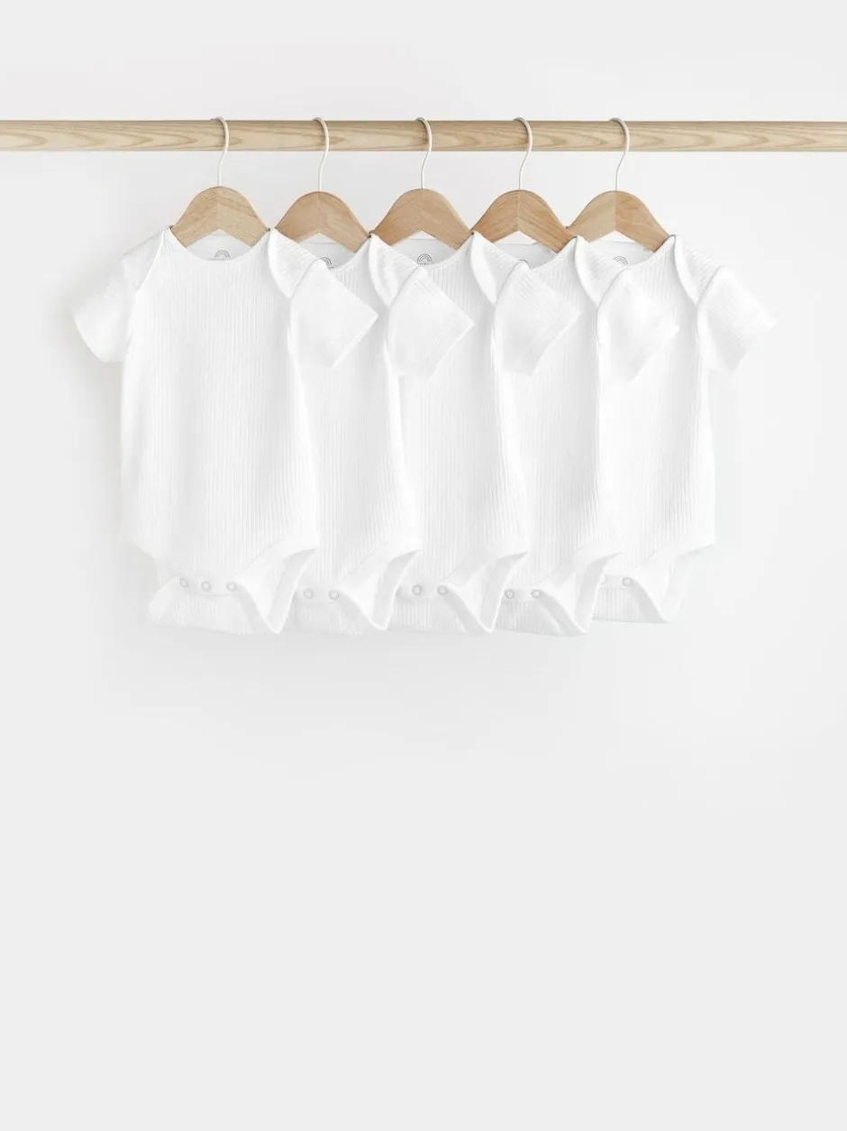 Next White Rib Short Sleeve Baby Bodysuits 5 Pack Outlet
