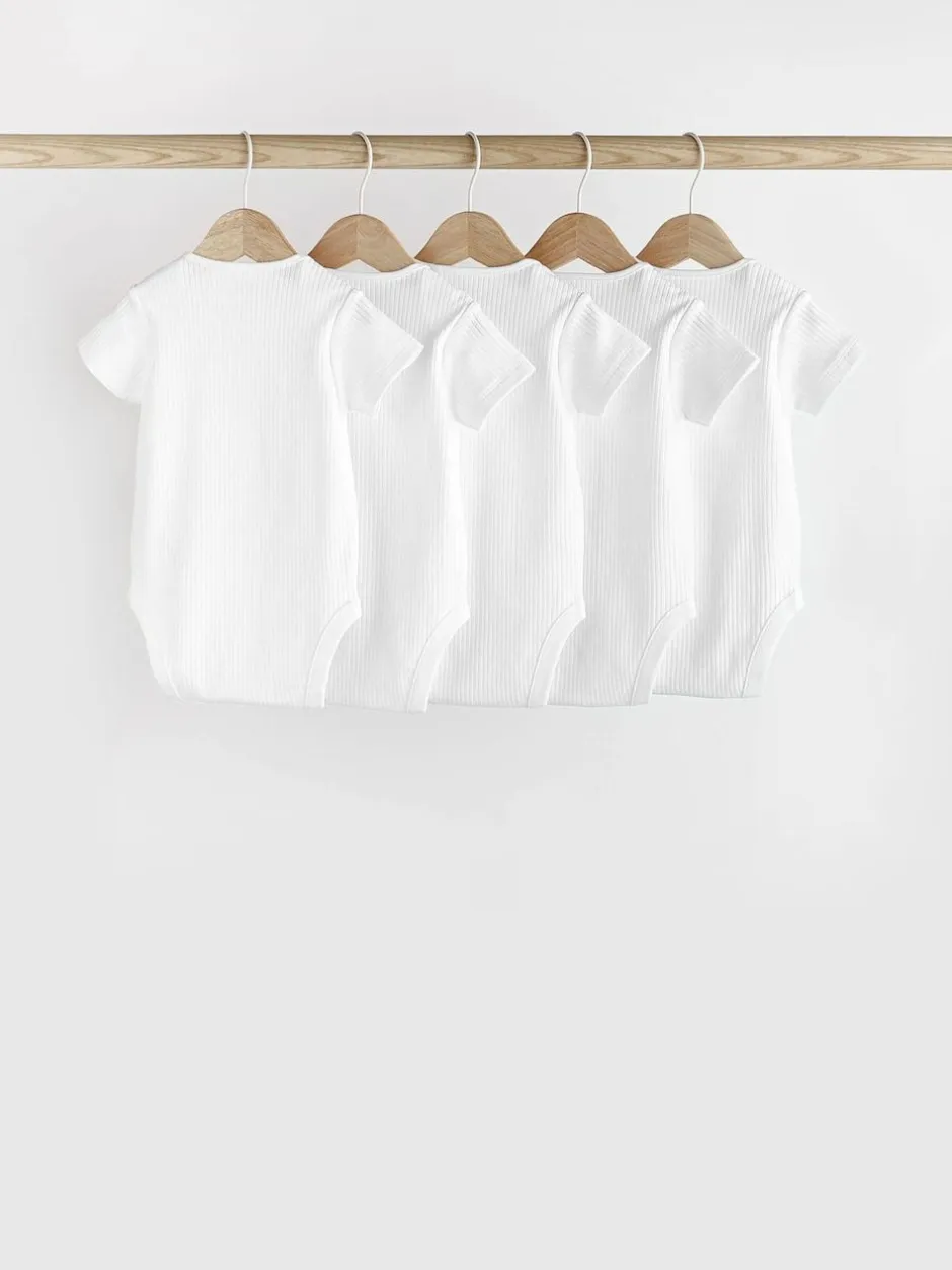 Next White Rib Short Sleeve Baby Bodysuits 5 Pack Outlet