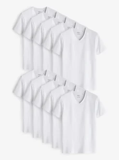Next White Slim Fit 100% Cotton V-Neck Layering T-Shirts 10 Pack Sale