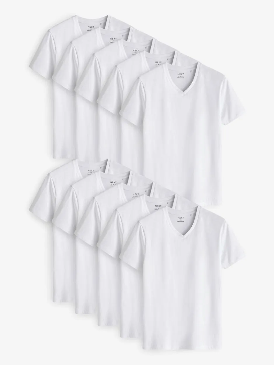 Next White Slim Fit 100% Cotton V-Neck Layering T-Shirts 10 Pack Sale