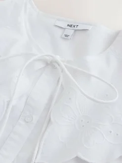 Next White Statement Collar Broderie Long Sleeve Blouse New