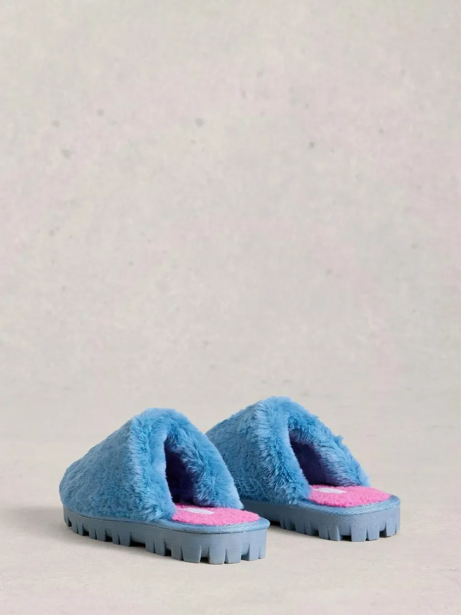 White Stuff Faux Fur Mule Slippers Blue Clearance