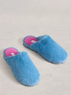 White Stuff Faux Fur Mule Slippers Blue Clearance