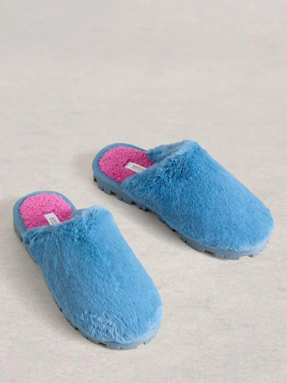 White Stuff Faux Fur Mule Slippers Blue Clearance