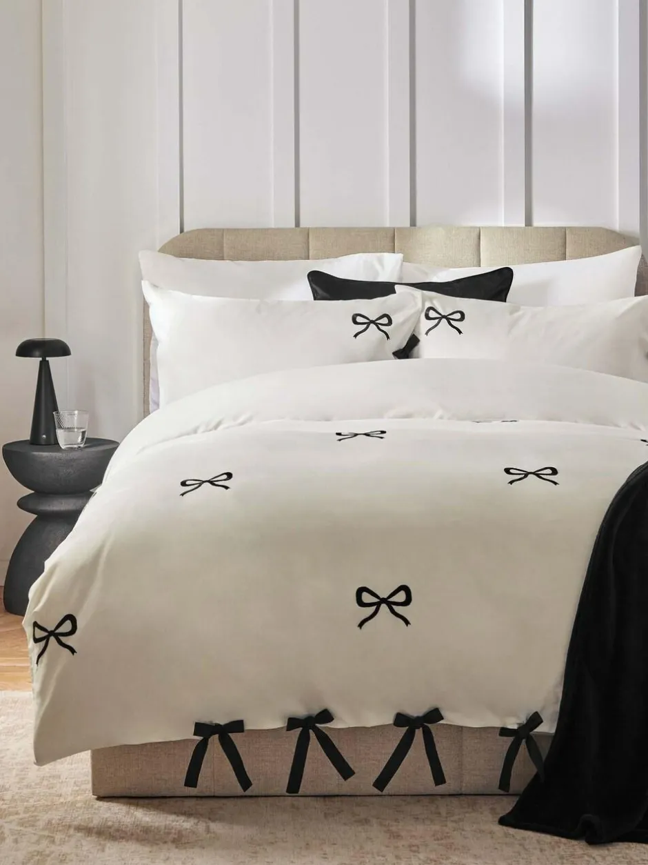 Next Bow Embroidered Duvet Cover and Pillowcase Set White/Black Discount