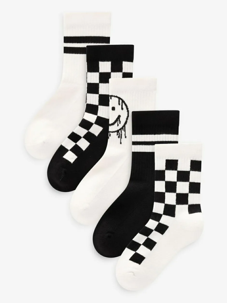 Next White/Black Checkerboard Cushioned Footbed Cotton Rich Ribbed Tipped Socks 5 Pack Hot