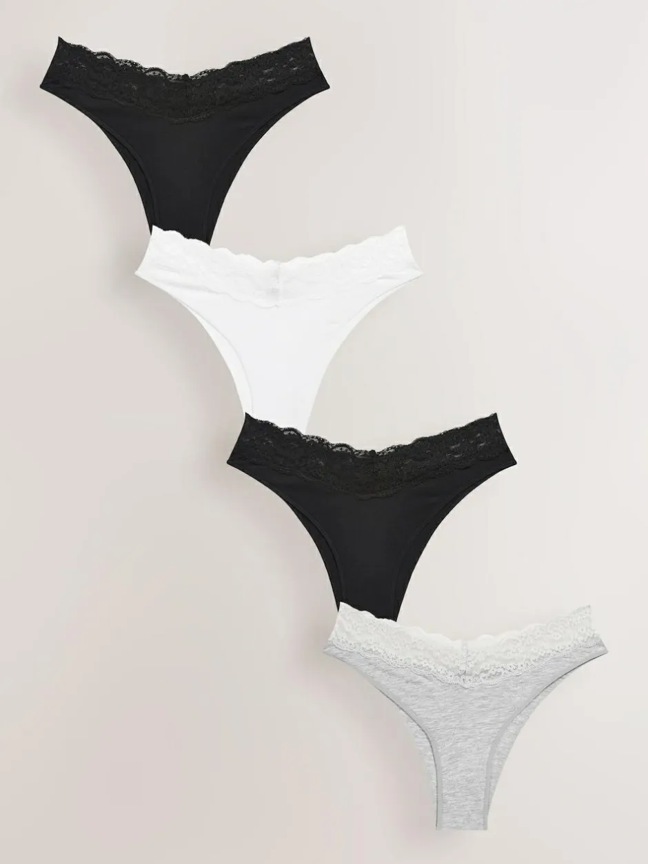 Next Extra High Leg Cotton Lace Knickers 4 Pack White/Black/Grey Sale