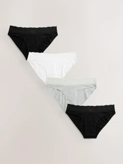Next White/Black/Grey High Leg Cotton Lace Knickers 4 Pack Sale