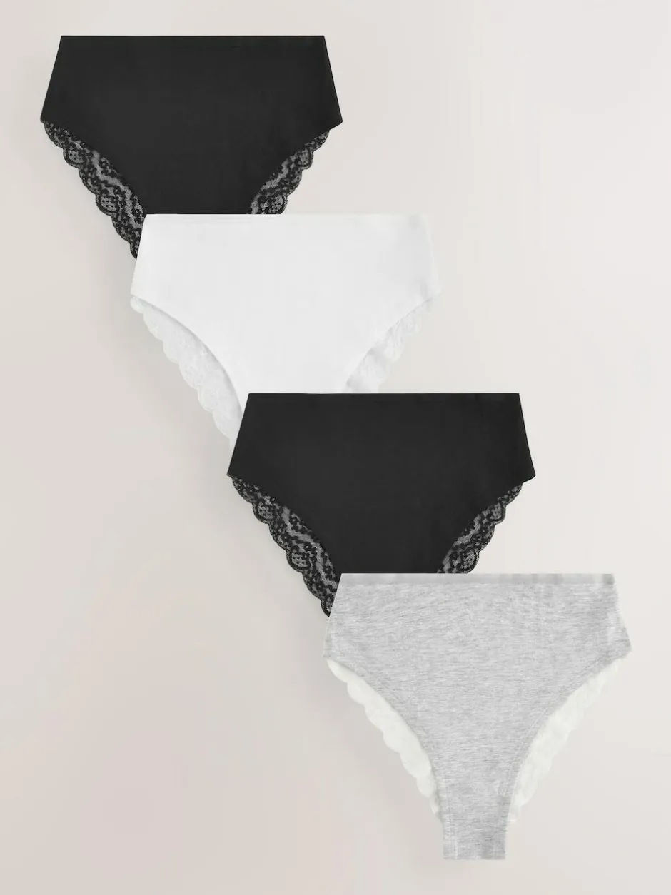 Next White/Black/Grey High Rise High Leg Cotton Lace Knickers 4 Pack