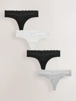 Next White/Black/Grey Thong Cotton Lace Knickers 4 Pack Outlet