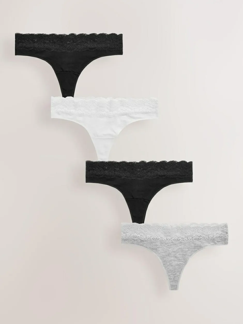 Next White/Black/Grey Thong Cotton Lace Knickers 4 Pack Outlet