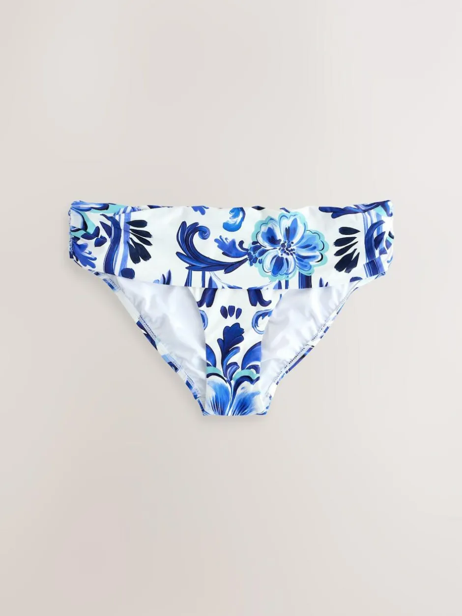 Next White/Blue Porcelain Roll Top Bikini Bottoms New