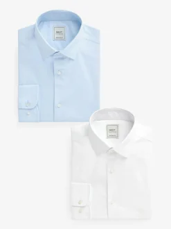 Next Regular Fit Easy Care Long Sleeve Single Cuff Smart Shirts 2 Pack White/Blue Outlet