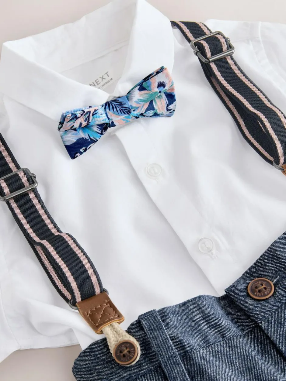 Next Shirt Shorts Braces & Bow Tie Set (3mths-9yrs) White/Blue Clearance