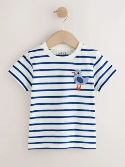 Next Short Sleeve 3D Padded T-Shirt (3mths-7yrs) White/Blue Stripe Seagull New