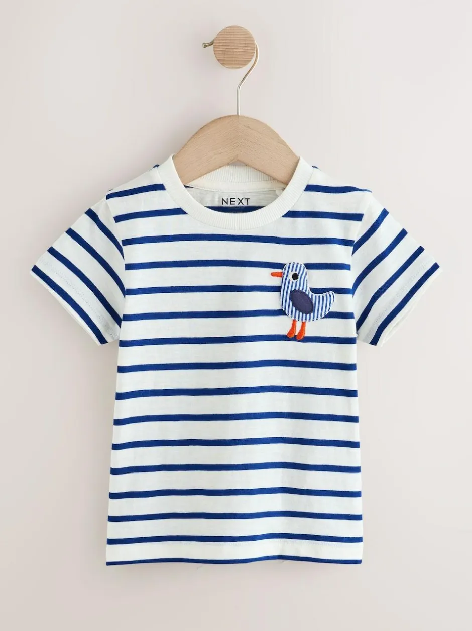 Next Short Sleeve 3D Padded T-Shirt (3mths-7yrs) White/Blue Stripe Seagull New
