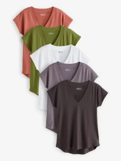 Next White/Grey/Khaki/Rust/Brown V-Neck Cap Sleeve 100% Cotton T-Shirts 5 Pack Outlet