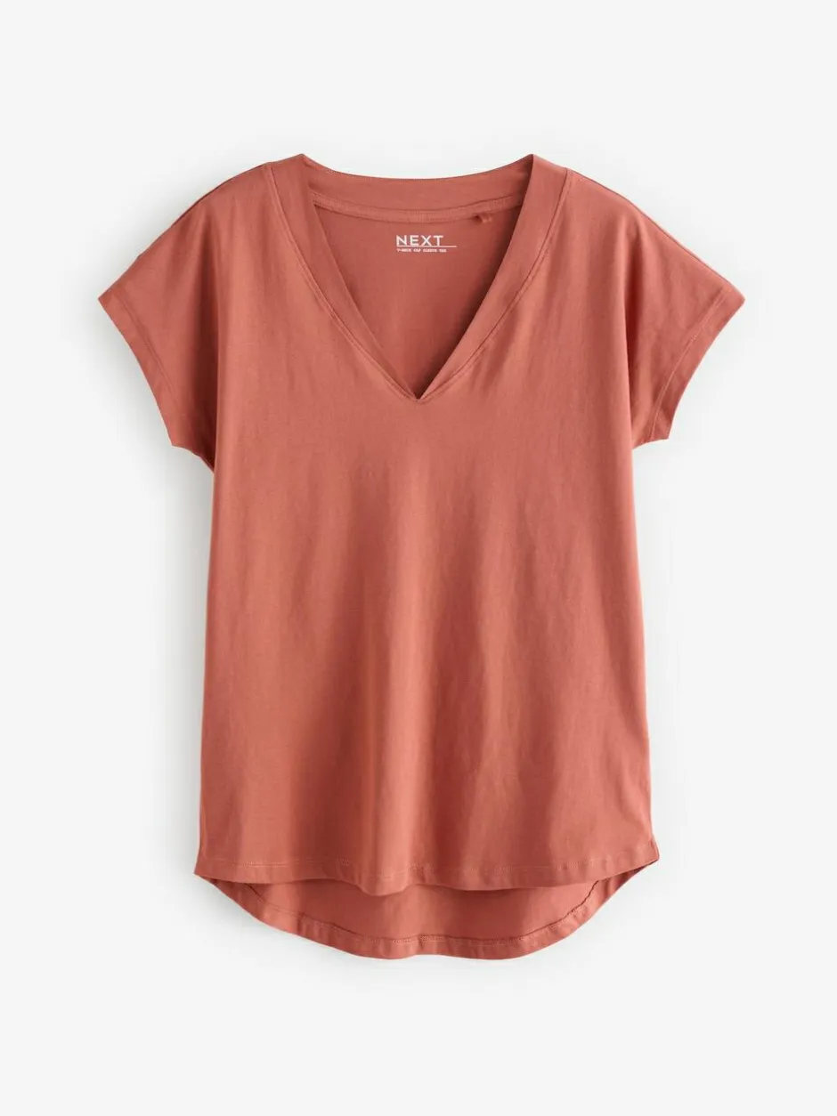 Next White/Grey/Khaki/Rust/Brown V-Neck Cap Sleeve 100% Cotton T-Shirts 5 Pack Outlet