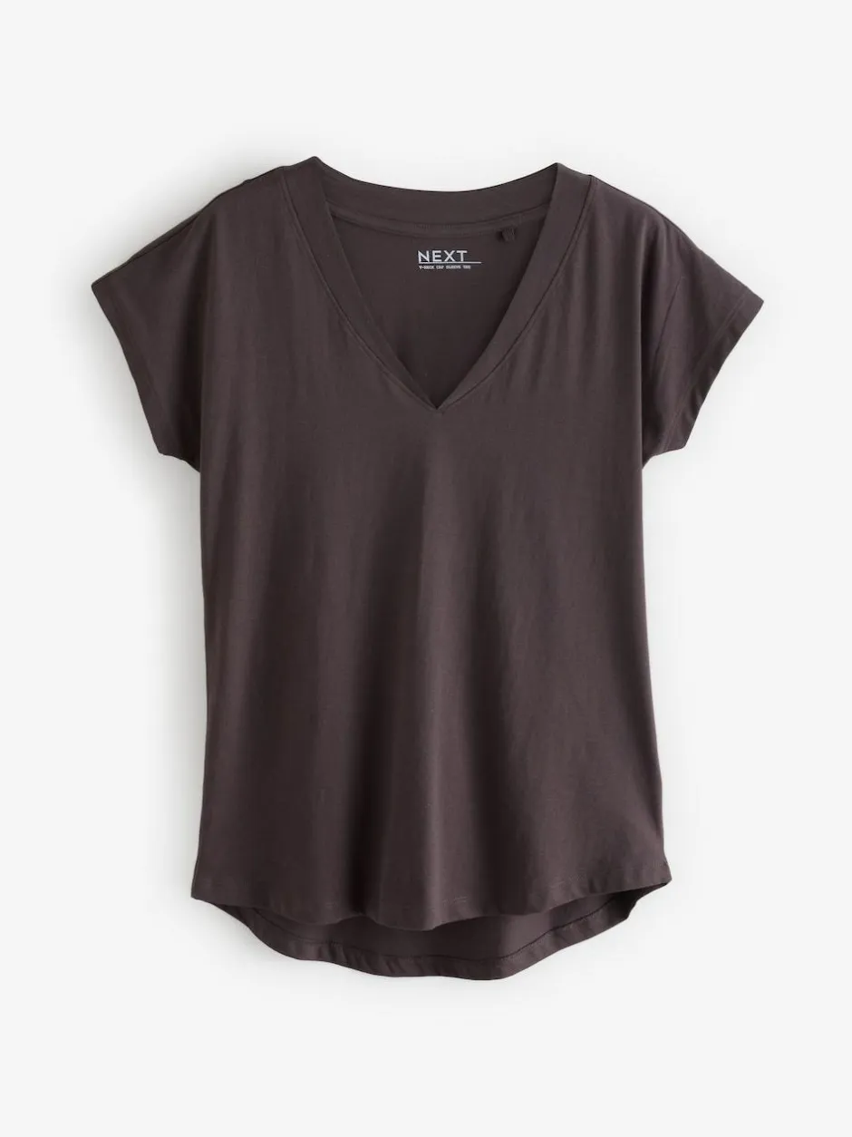 Next White/Grey/Khaki/Rust/Brown V-Neck Cap Sleeve 100% Cotton T-Shirts 5 Pack Outlet