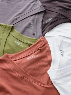 Next White/Grey/Khaki/Rust/Brown V-Neck Cap Sleeve 100% Cotton T-Shirts 5 Pack Outlet