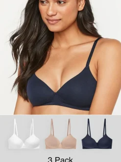 Next Pad Non Wire Cotton Blend Ultimate Comfort Bras 3 Pack White/Navy Blue/Pink