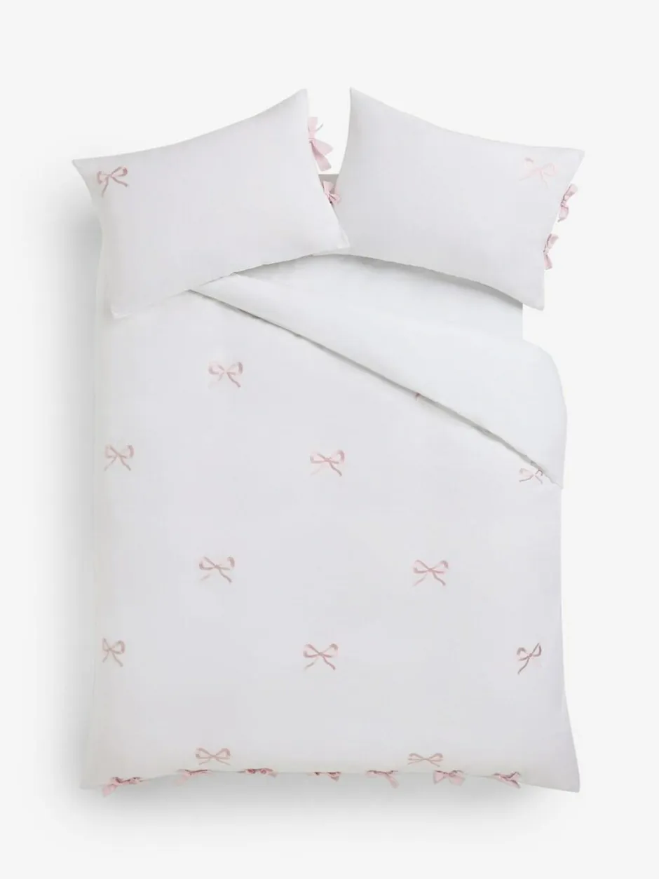 Next Bow Embroidered Duvet Cover and Pillowcase Set White/Pink Hot