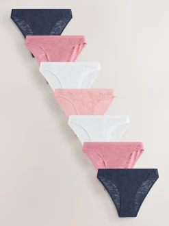 Next White/Pink/Praline Nude High Leg Comfort Bonded Lace Knickers 7 Pack New