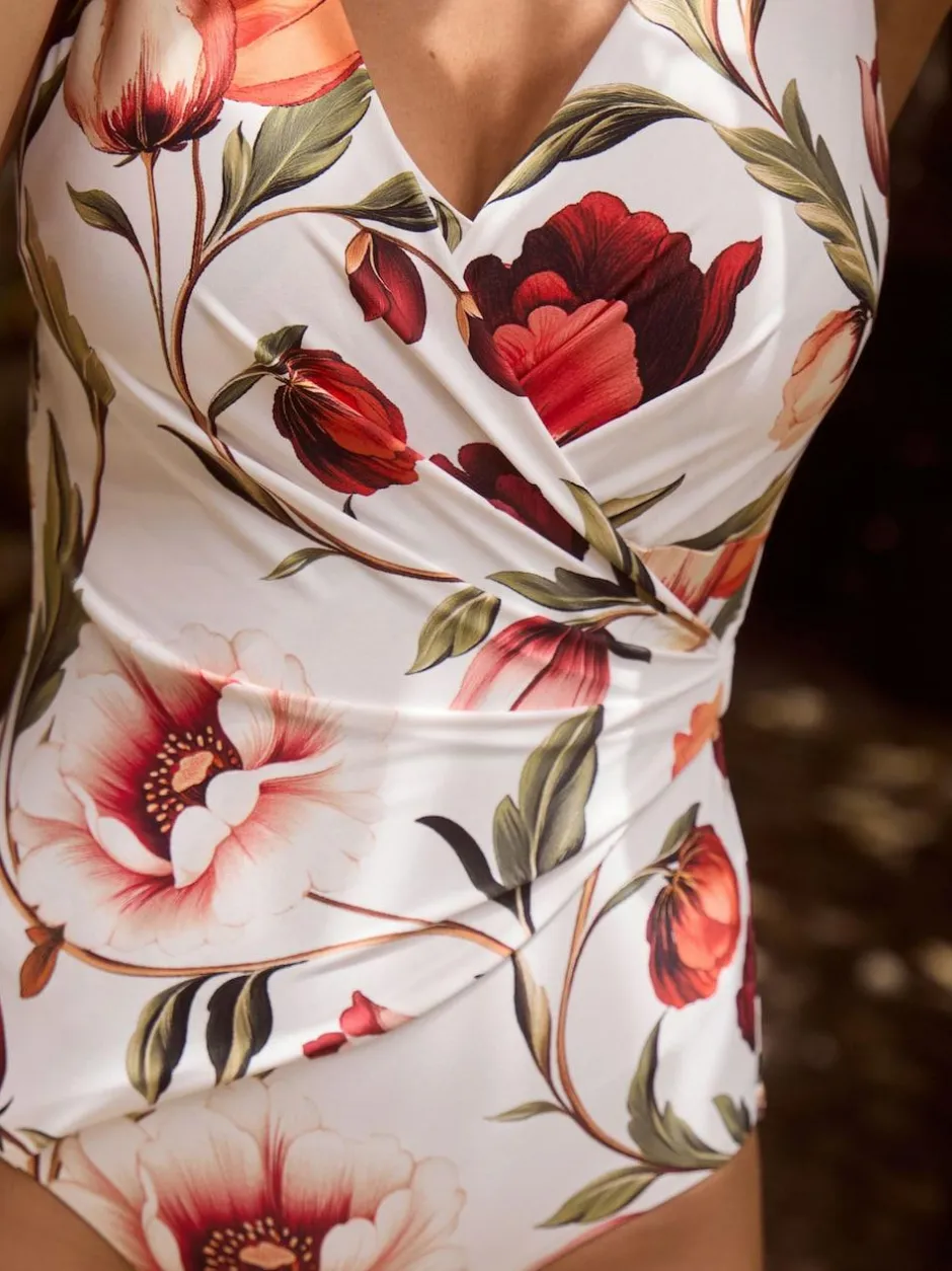 Next Wrap Tummy Control Swimsuit White/Red Floral