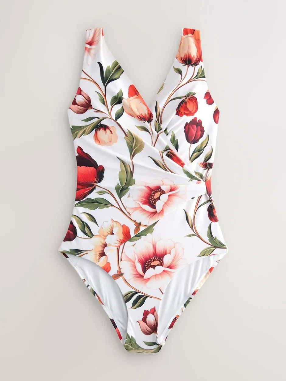Next Wrap Tummy Control Swimsuit White/Red Floral