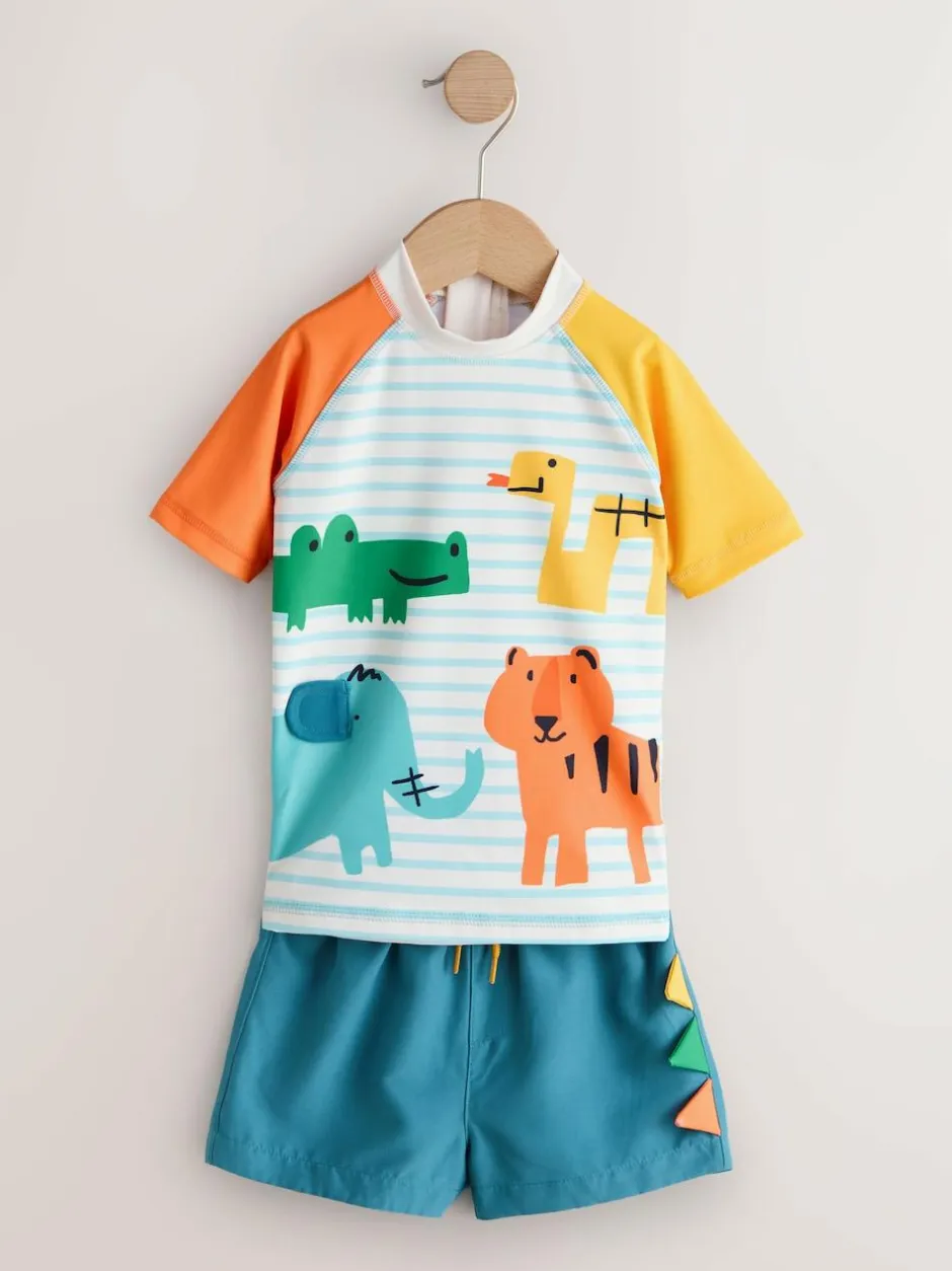 Next Short Sleeve Sunsafe Rash Vest and Swim Shorts Set (3mths-7yrs) White/Red/Yellow Outlet