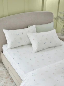 Next White/Sage Green Floral 100% Cotton Fitted Sheet and Pillowcase Set Outlet