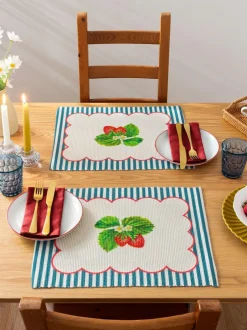 Wylder Blue Strawberry Stripes 46x36cm Table Placemats Set Of 4 Discount