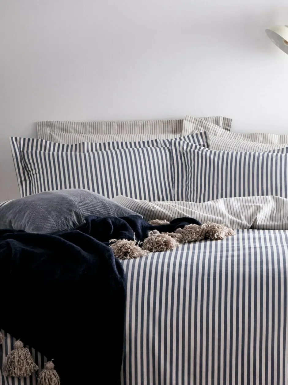 Yard Navy Blue Hebden Striped 100% Cotton Duvet Cover and Pillowcase Set Online
