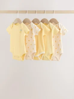 Next Yellow Lemons 5 Pack Short Sleeve Baby Bodysuits New
