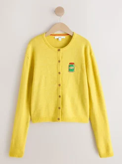 Next Yellow Pickles Embroidery Crew Neck Knitted Cardigan With Wool Sale
